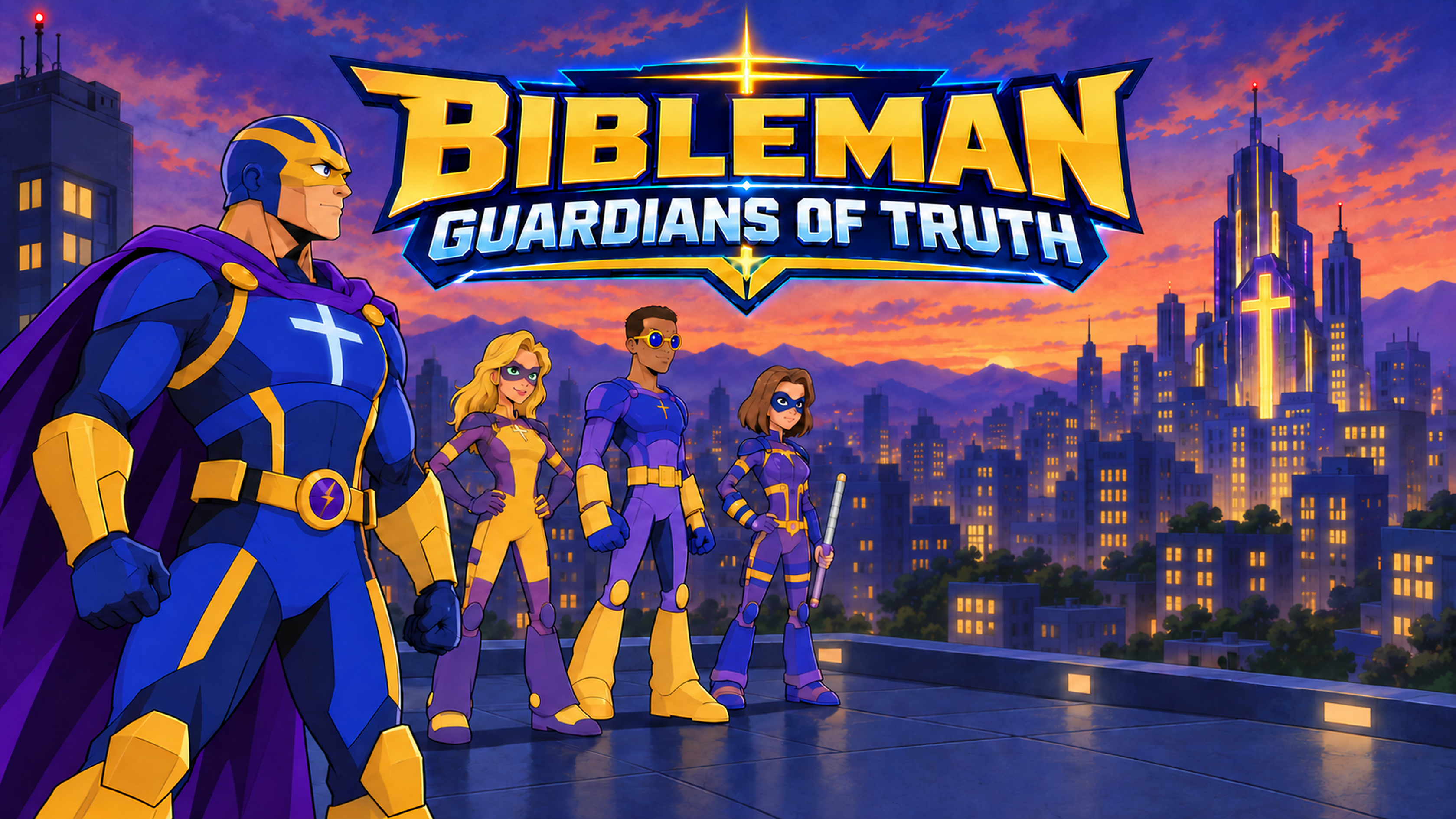 Bibleman, Melody, Cypher, and Biblegirl overlooking the secured Beacon City